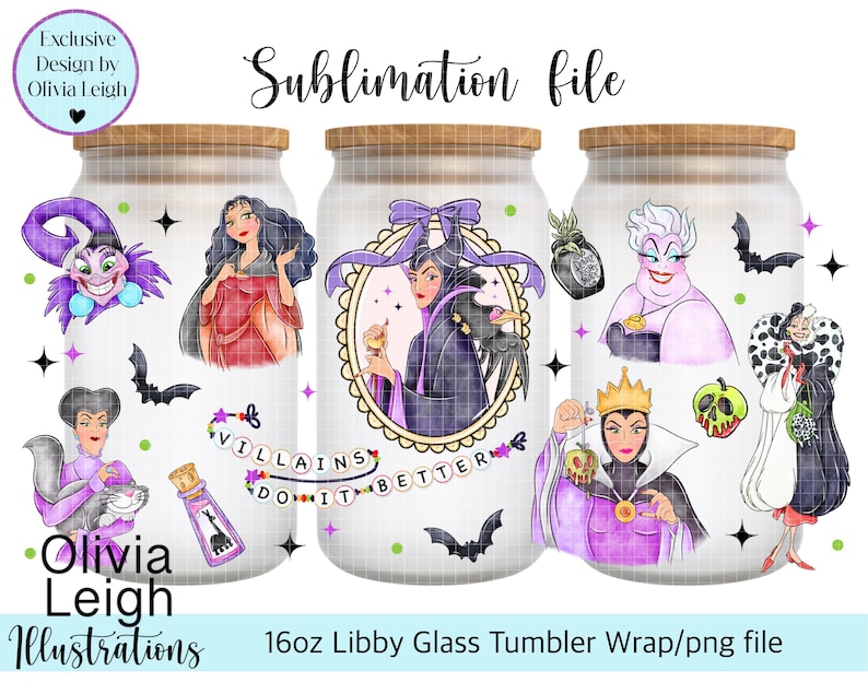 Peut inclure: Trois motifs pour gobelets en verre Libby de 16 oz avec des illustrations de m&eacute;chants. Chaque motif pr&eacute;sente un personnage diff&eacute;rent et un couvercle en bois. Le design comprend le texte "Villains Do It Better" et "Sublimation file".