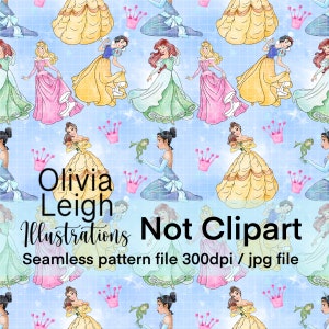 Princess Ariel, Jasmine, Snow White, Tiana And Belle Cute Seamless Pattern. Digital Paper. DIGITAL DOWNLOAD  Printable