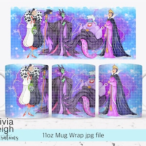 Cute Princess Villains Sublimation mug Wrap PNG File For 11oz Mug DIGITAL DOWNLOAD Tumbler Cup Design.