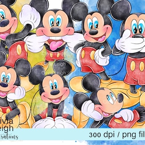Conjunto de imágenes prediseñadas de Mickey Mouse, archivos PNG, descarga digital, acuarela para niños, imprimible