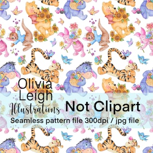 Cute Spring Time Winnie The Pooh, Eeyore, Tigger And Piglet Seamless Pattern. Digital Paper. DIGITAL DOWNLOAD  Printable