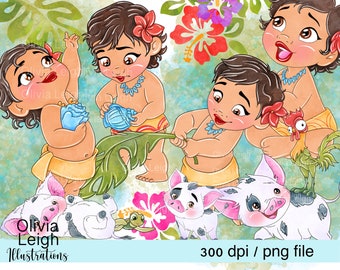 May include: Watercolor illustration featuring several cartoon characters, including children, pigs, and a rooster. The children are depicted with dark hair and floral accents, wearing yellow and tan clothing. The image includes the text "Olivia Leigh Illustrations" and "300 dpi / png file".