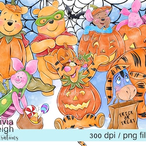 Set Of Cute Halloween Winnie The Pooh, Eeyore, Tigger And Piglet Clipart PNG Files DIGITAL DOWNLOAD Printable