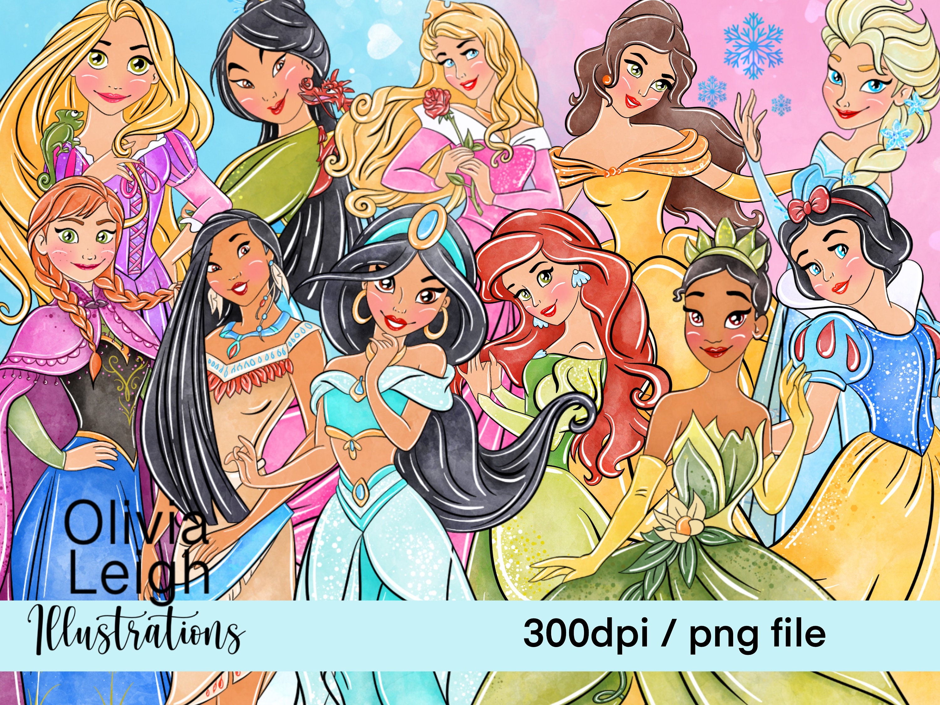 Set of Princess Belle, Pocahontas, Snow White, Rapunzel, Elsa and 