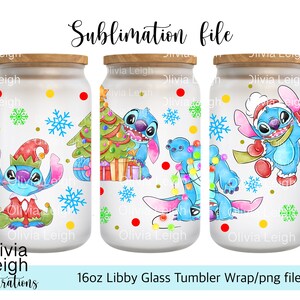 Cute Stitch Christmas. PNG Arquivo DOWNLOAD DIGITAL 16oz Copo de Vidro Tumbler Wrap Design imagem 1