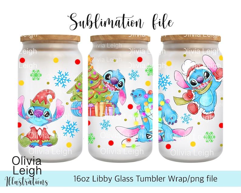Cute Stitch Christmas. PNG Arquivo DOWNLOAD DIGITAL 16oz Copo de Vidro Tumbler Wrap Design imagem 1