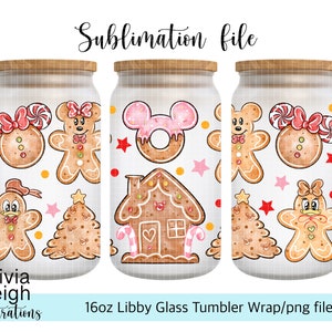 Mickey, Minnie et ses amis Noël en pain d'épice sublimation Wrap fichier PNG TÉLÉCHARGEMENT NUMÉRIQUE 16 oz verre UV-dtf conception de gobelet imprimable