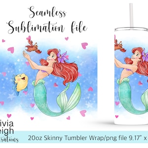 Princess Ariel Sublimation Design Wrap PNG File DIGITAL DOWNLOAD 20oz Skinny Tumbler Design image 1