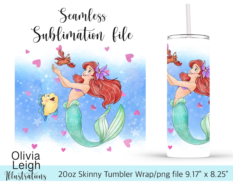 Princess Ariel Sublimation Design Wrap PNG File DIGITAL DOWNLOAD 20oz Skinny Tumbler Design image 1