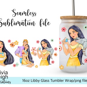 Cute Princess Pocahontas Sublimation Wrap PNG File DIGITAL DOWNLOAD 16oz Glass Tumbler Design