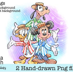 Puede incluir: Ilustración de Mickey Mouse, el Pato Donald y Goofy con trajes a juego, cada uno con sombrero de paja y pajarita. La imagen incluye el texto "2 x Pngs" y "2 Hand-drawn Png files". El fondo es un lavado de acuarela.