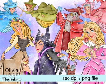 Princess Aurora Sleeping Beauty, Good Fairies, Maleficent Cute Clipart Set PNG Files DIGITAL DOWNLOAD Printable