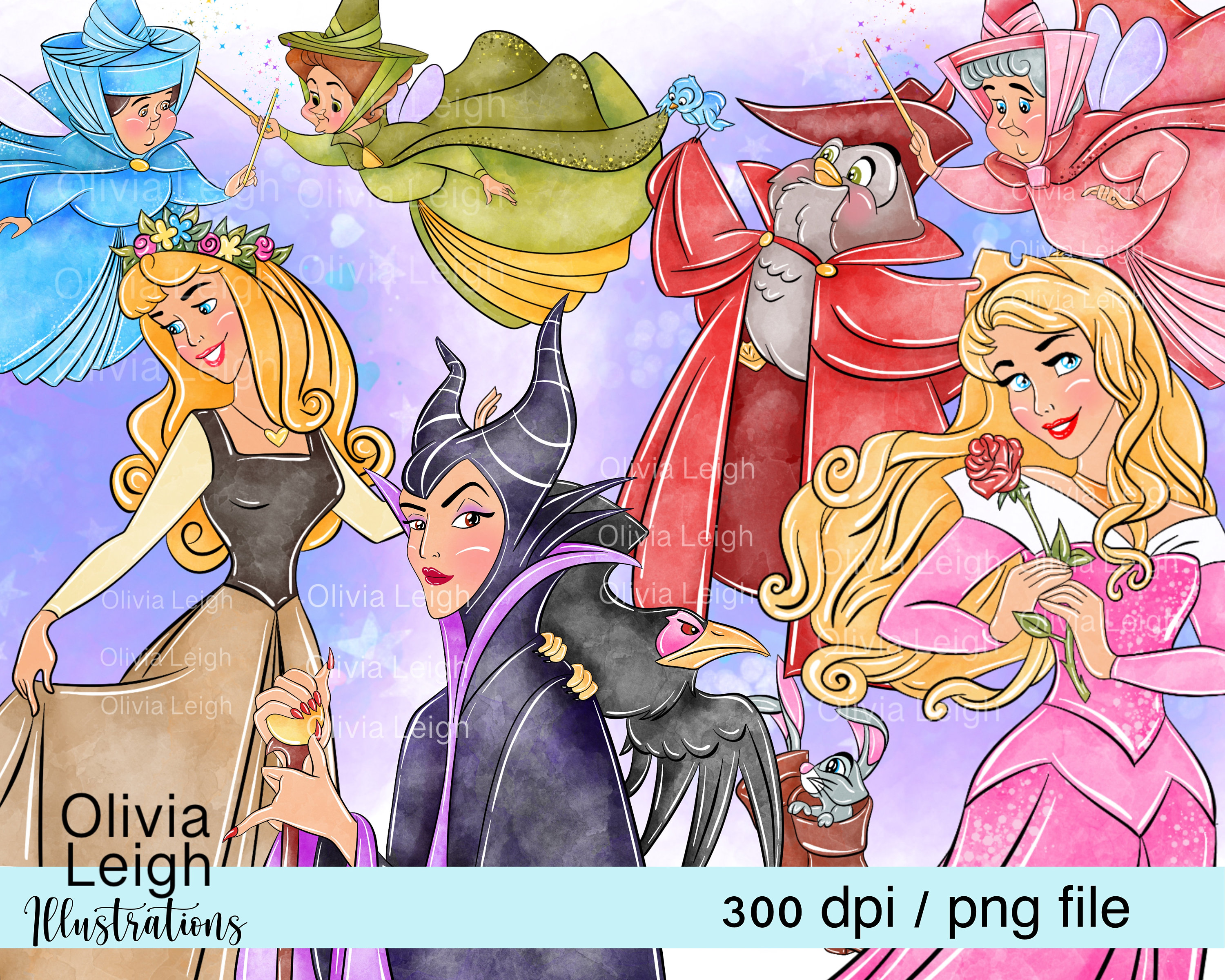 Princess Aurora Sleeping Beauty, Good Fairies, Maleficent Cute Clipart Set PNG Files DIGITAL DOWNLOAD Printable