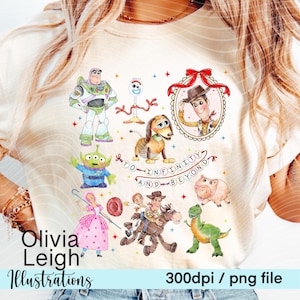 May include: A digital illustration of characters from the Toy Story franchise. The characters include Woody, Buzz Lightyear, Jessie, Rex, Slinky Dog, and the alien. The illustration is in a cartoon style and features bright colors. The text "To Infinity and Beyond" is included in the image.