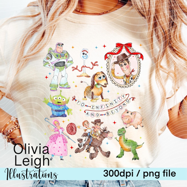 May include: A digital illustration of characters from the Toy Story franchise. The characters include Woody, Buzz Lightyear, Jessie, Rex, Slinky Dog, and the alien. The illustration is in a cartoon style and features bright colors. The text "To Infinity and Beyond" is included in the image.