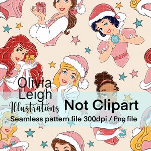 Cute Princess Christmas Seamless Repeat Pattern. Digital Paper. DIGITAL DOWNLOAD