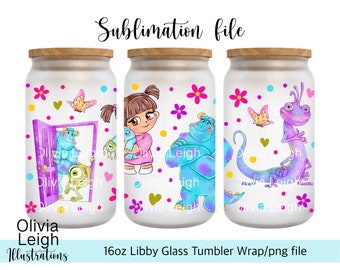 Cute Monster Sublimation Wrap PNG File DIGITAL DOWNLOAD 16oz Glass Tumbler Design Uv-dtf Printable