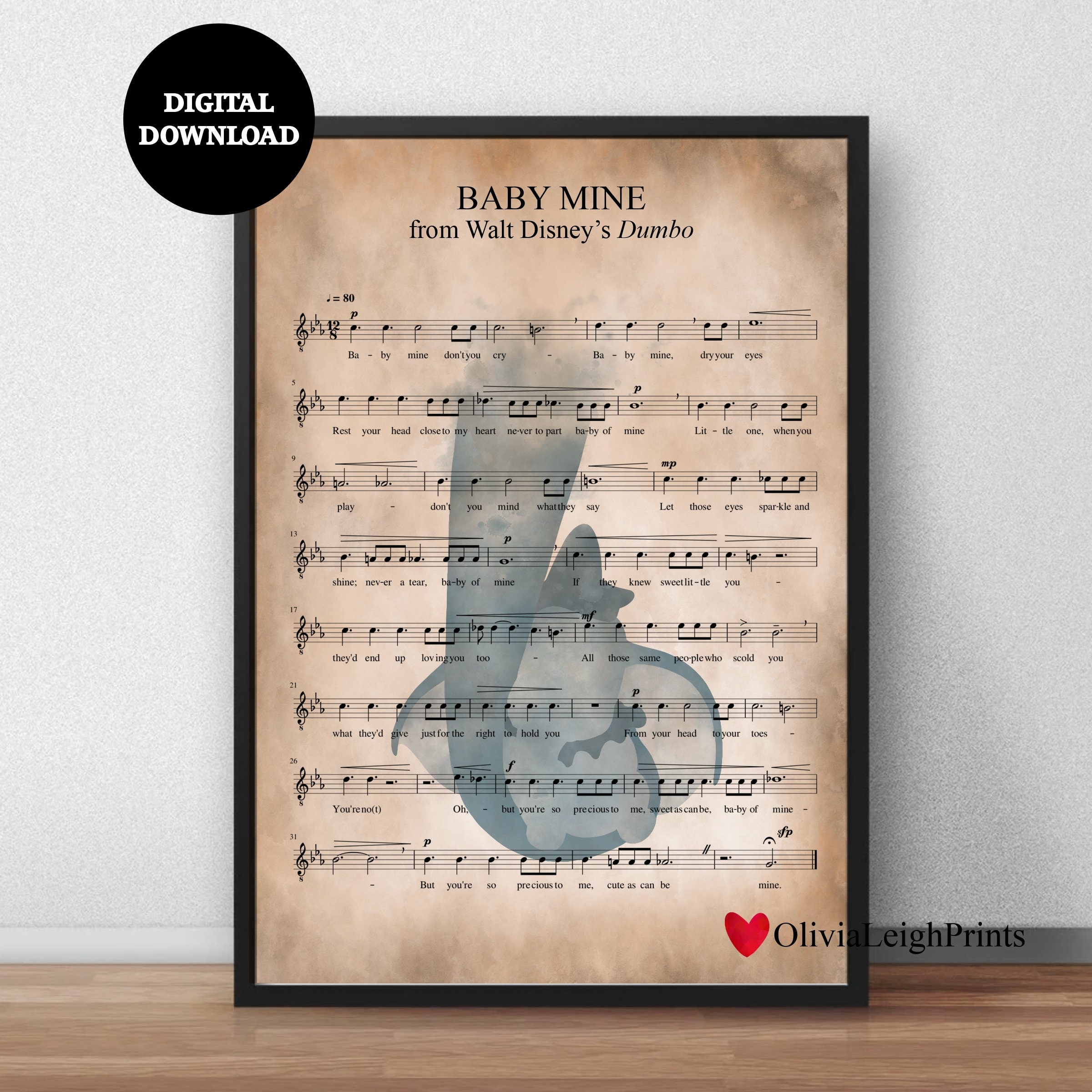 Dumbo Baby Mine Sheet Music Print-wall Art-gift-nursery DIGITAL DOWNLOAD  Printable - Etsy