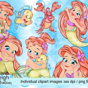 Set di Baby Princess Ariel, La Sirenetta Carino Clipart Set File PNG Disegnato a mano DOWNLOAD DIGITALE