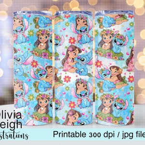 May include: A tumbler with a repeating pattern of a girl and a blue alien character, with floral accents on a light blue background. The text "Olivia Leigh Illustrations" and "Printable 300 dpi / jpg file" are visible.