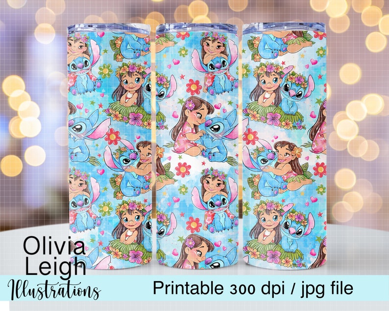 May include: A tumbler with a repeating pattern of a girl and a blue alien character, with floral accents on a light blue background. The text "Olivia Leigh Illustrations" and "Printable 300 dpi / jpg file" are visible.