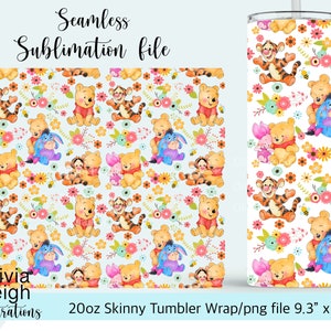 Cute pooh Bear Floral Summer Seamless Sublimation Design Wrap PNG File DIGITAL DOWNLOAD 20oz Skinny Tumbler Cup Design