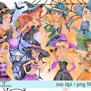 Ensemble de princesses d'Halloween, Elsa et Anna, Ariel, Belle, Raiponce, Cendrillon, jasmin Clipart fichiers PNG TÉLÉCHARGEMENT NUMÉRIQUE imprimable