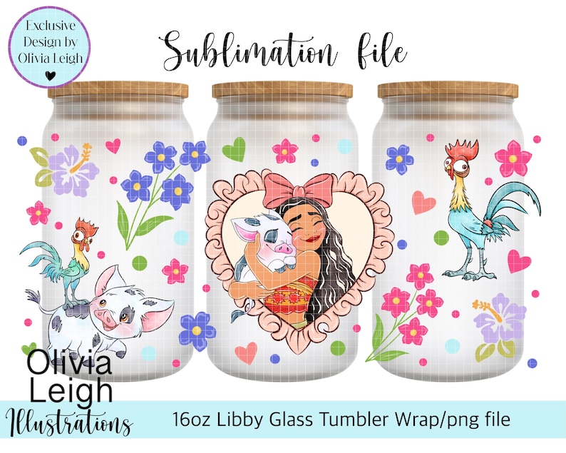 K&ouml;nnte beinhalten: Drei 473ml Libby-Glasbecher-Wraps mit Holzdeckeln. Jeder Becher hat ein anderes Design mit Blumen- und Charakterillustrationen. Der Text "Sublimation file" und "Exclusive Design by Olivia Leigh" sind sichtbar.