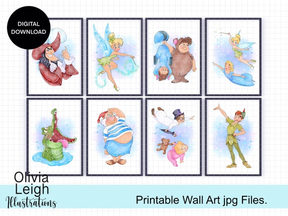 Set of 8 Peter Pan Watercolour Prints. Printable Wall Art-Gift-Nursery DIGITAL DOWNLOAD. No physical items will be sent.