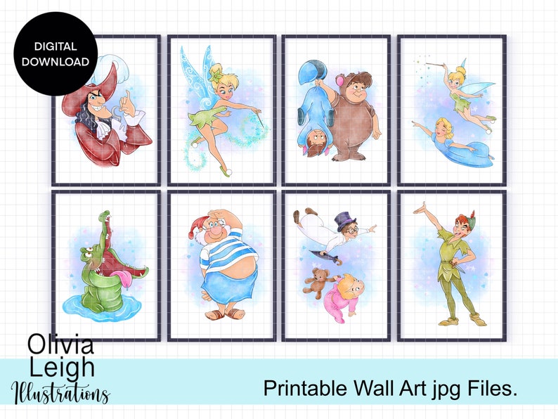 Set di 8 stampe ad acquerello di Peter Pan. Arte murale stampabile-regalo-asilo nido DOWNLOAD DIGITALE. Non verranno inviati articoli fisici. immagine 1
