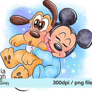 May include: A digital illustration of Mickey Mouse in a blue onesie hugging a brown and orange puppy with big eyes. The background is a blue watercolour wash with white stars.