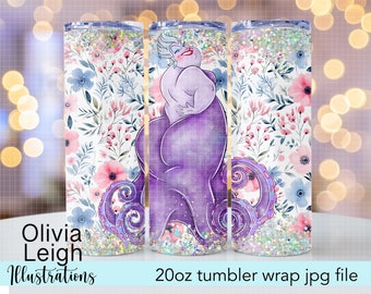 Mermaid Villain Ursula Floral Sublimation Design Cup Wrap DIGITAL DOWNLOAD 20oz Skinny Tumbler Design