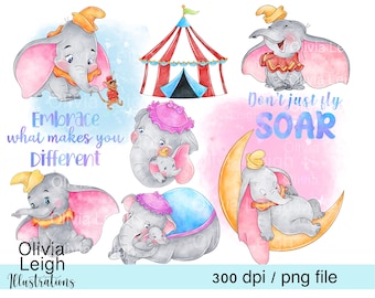 Dumbo Cute Children's Clipart PNG Files DIGITAL DOWNLOAD Printable