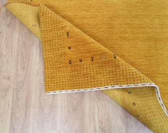 Handwoven Mustard Yellow Gabbeh Wool Rug With Minimal Tribal Border | Handmade Solid Gabbeh Area Rug | Modern Ethnic Wool Rug  Living Room