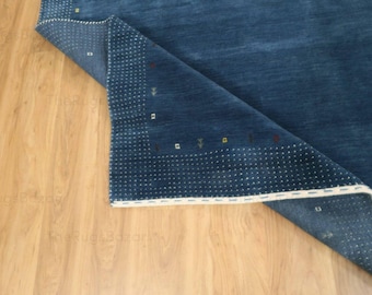 Handwoven Indigo Blue Gabbeh Wool Rug With Dotted Border Minimal Tribal Gabbeh Area Rug Handmade Solid Wool Rug For Living Room Decor