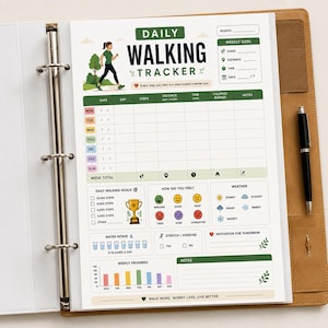 May include: A daily walking tracker planner page featuring a green and white colour scheme with a graphic of a person walking. The layout includes sections for weekly goals, daily steps, water intake, weather, mood tracking, and a weekly progress bar chart.