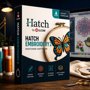 May include: A product box for Hatch Embroidery 2 digitizing software by Wilcom. The box features a detailed embroidered butterfly design in orange, blue, and black. The software offers precise digitizing, advanced tools, lettering & editing, and multi-format support.