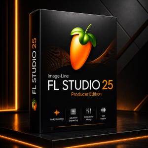May include: Black box featuring the text "FL Studio 25 Producer Edition" with an orange fruit graphic. Icons for audio recording, sequencing, mixing, and VST support are also displayed. The box is on a dark surface.