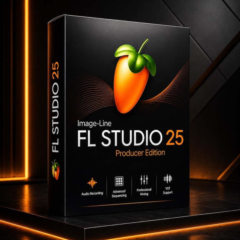 May include: Black box for FL Studio 25 Producer Edition software. The box features an orange fruit graphic with green leaves. Text includes "Image-Line", "Audio Recording", "Advanced Sequencing", "Professional Mixing", and "VST Support".