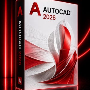 Könnte beinhalten: Produktbox für die Software AutoCAD 2026. Die Box ist weiß mit roten Akzenten und dem AutoCAD-Logo. Das Design zeigt abstrakte rote und weiße Formen. Der Hintergrund ist schwarz mit roten Neonlinien.