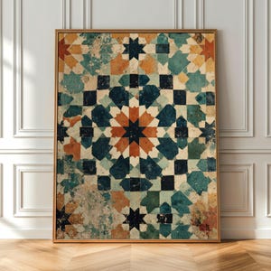 Impresión artística de mosaico marroquí en verde azulado y dorado, con diseño geométrico (descarga digital)