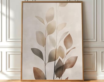 Minimalist Botanical Print | Neutral Japandi Leaf Wall Art, Calm Organic Scandinavian Decor, Digital Download