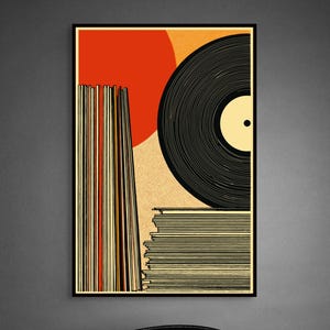 Väggkonst för vinylskivor, tryck av skivsamling, retro musikdekor, poster för vinylskivor, abstrakt konst för mitten av århundradet, present till musikälskare
