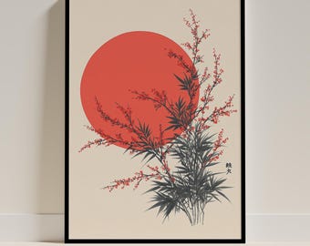 Wabi Sabi Japanische Sonne Druck, Japandi Botanische Wandkunst, Minimalistische Rote Sonne Dekor, digitaler Download