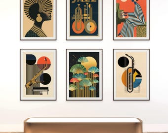 Art Deco Jazz Prints Set, Mid Century Modern Gallery Wall Art (Digital Download)