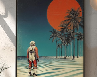 Surreal Space Beach Illustration, Vintage Space Poster, Mid Century Futuristic Art, Digital Download