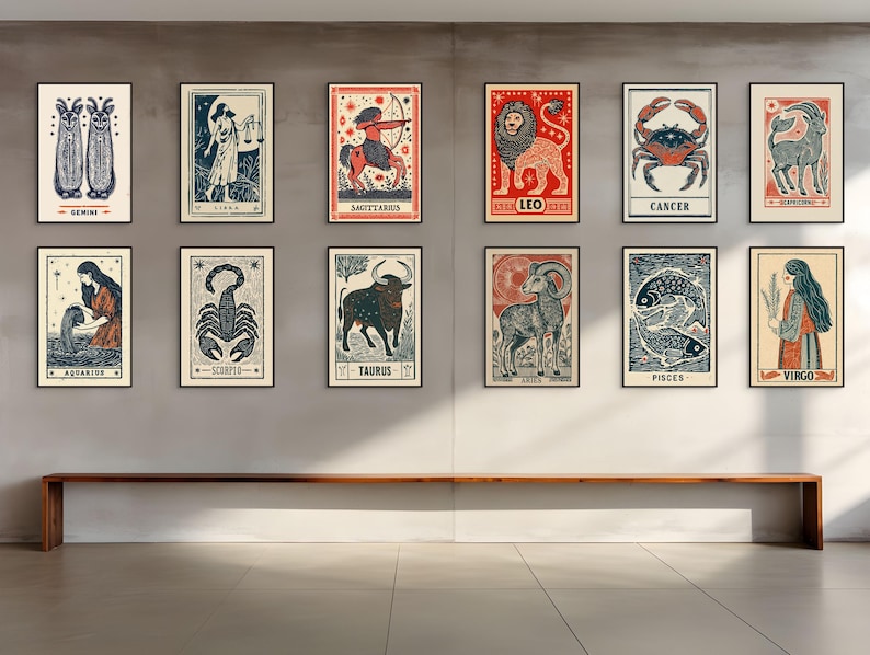 Zodiac Wall Art Bundle | Vintage Linocut Astrology Star Signs (digital ...