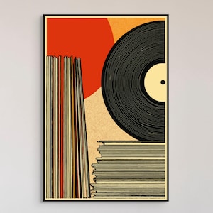 Vinyl Record Wall Art, Record Collection Print, Retro Music Decor, Vinyl Stack Poster, Mid Century Modern  Art, Music Lover Gift, Printable