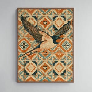 May include: A rectangular wall art print featuring a swallow in flight with outstretched wings. The bird has dark blue, black, and cream plumage. The background consists of a repeating geometric pattern in shades of orange, teal, and cream.