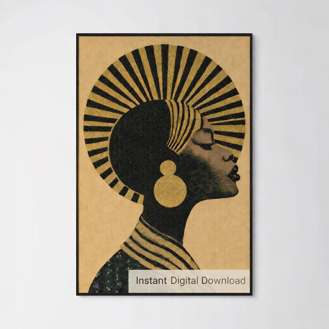 Art Deco Black Woman Portrait, Gold Afrocentric Sunburst Print (digital ...